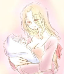 1990s_(style) 1girl age_difference baby blonde_hair breasts ceodore_harvey cleavage closed_eyes female_focus final_fantasy final_fantasy_iv gradient_background ikarasi long_hair lowres mature_female retro_artstyle rosa_farrell solo upper_body