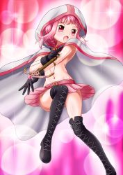 Rule 34 | 1girl, belt, black gloves, black thighhighs, blush, boots, bottomless, bow (weapon), braid, cloak, commentary request, convenient arm, convenient leg, crossbow, female focus, full body, gloves, groin, highres, hood, hooded cloak, knee up, lace-up boots, looking at viewer, magia record: mahou shoujo madoka magica gaiden, mahou shoujo madoka magica, navel, no panties, open mouth, ossannoa, pink belt, pink eyes, pink hair, pink skirt, skirt, solo, soul gem, tamaki iroha, thigh boots, thighhighs, topless female, upskirt, weapon, white cloak