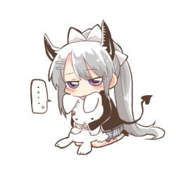 Rule 34 | ..., 1girl, black jacket, black shoes, blush stickers, bow, chibi, demon girl, demon horns, demon tail, full body, grey hair, grey skirt, hair bow, hair ornament, hairclip, higuchi kaede, higuchi kaede (1st costume), horns, hugging object, jacket, long sleeves, lowres, nijisanji, parted lips, pleated skirt, ponytail, purple eyes, rebecca (keinelove), school uniform, seiza, shoes, simple background, sitting, skirt, sleeves past wrists, socks, solo, spoken ellipsis, stuffed animal, stuffed rabbit, stuffed toy, tail, virtual youtuber, white background, white bow, white socks