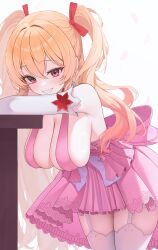 Rule 34 | 1girl, absurdres, bare shoulders, blonde hair, breasts, cleavage, commentary request, commission, covered erect nipples, cowboy shot, demonia (hiyono), detached sleeves, dress, frilled dress, frills, g home, garter straps, gradient hair, grin, hair ribbon, highres, korean commentary, large breasts, leaning forward, long hair, long sleeves, looking at viewer, multicolored hair, original, pink dress, red eyes, ribbon, sideboob, simple background, skindentation, sleeveless, sleeveless dress, smile, solo, thighhighs, two side up, very long hair, white background, white thighhighs, zettai ryouiki
