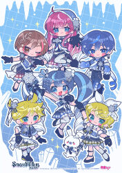 2boys 4girls :3 aqua_eyes blonde_hair blue_dress blue_eyes blue_gloves blue_hair blue_hat blue_necktie blue_pants blue_shirt blue_shoes blue_shorts blush bow braid brown_hair closed_mouth commentary_request copyright_notice crystal_hair_ornament deformed dress earrings gloves gradient_clothes gradient_hair gradient_shorts gradient_skirt grid hair_between_eyes hair_bow hair_ornament hairclip hat hatsune_miku holding holding_wand icicle itousa jewelry kagamine_len kagamine_rin kaito_(vocaloid) looking_at_viewer megurine_luka meiko meiko_(vocaloid) multicolored_hair multiple_boys multiple_girls necktie official_art open_mouth outline pants pink_hair pleated_skirt purple_skirt rabbit_yukine second-party_source shirt shoes shorts single_earring single_sock single_thighhigh skirt smile snowball snowflake_hair_ornament socks streaked_hair striped_clothes striped_socks striped_thighhighs thighhighs twintails vocaloid wand white_bow white_outline white_thighhighs x_hair_ornament yuki_kaito yuki_len yuki_luka yuki_meiko yuki_miku yuki_miku_(2025) yuki_rin