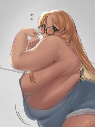 1girl black-framed_eyewear blonde_hair blush breasts dasan242 embarrassed fat fat_woman from_side glasses green_eyes grey_background highres large_breasts lips long_hair mole mole_on_breast naked_overalls obese original overalls sideboob solo sweat tan