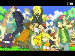 5girls 6+boys alcohol ash_ketchum backwards_hat bad_id bad_pixiv_id barry_(pokemon) beer_can brock_(pokemon) can cellphone character_request closed_eyes conway_(pokemon) croagunk cynthia_(pokemon) dawn_(pokemon) drink_can gen_1_pokemon gen_4_pokemon grass green_hair hat hug james_(pokemon) jessie_(pokemon) meowth multiple_boys multiple_girls nintendo open_mouth paul_(pokemon) phone pikachu piplup pokemon pokemon_(anime) pokemon_(creature) pokemon_dppt_(anime) sitting smile sweatdrop t_kiji taoru_(t_kiji)