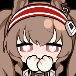 1girl angelina_(arknights) animal_ears animated animated_gif arknights blinking blush bright_pupils brown_hair chinese_commentary commentary_request covering_own_mouth earpiece fox_ears hairband heart heart-shaped_pupils looking_at_another lowres red_eyes red_hairband skland_1530589596514 solo striped_clothes striped_hairband symbol-shaped_pupils transparent_background twintails two-tone_hairband white_pupils