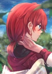 1girl absurdres amane_sora ange_katrina ange_katrina_(1st_costume) blue_eyes blue_sky blurry blurry_background blurry_foreground blush cardigan cloud commentary_request depth_of_field eyelashes from_side grin hair_intakes hand_in_own_hair hand_up highres long_bangs long_sleeves looking_ahead low_ponytail medium_hair nijisanji outdoors plant ponytail profile red_cardigan red_hair short_ponytail sky smile solo upper_body virtual_youtuber