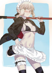 1girl artoria_pendragon_alter_(swimsuit_rider)_(fate) artoria_pendragon_alter_(swimsuit_rider)_(second_ascension)_(fate) artoria_pendragon_(fate) bad_id bad_pixiv_id bikini bikini_top_only black_thighhighs blonde_hair blush breasts club3 fate/grand_order fate_(series) female_focus frilled_bikini frilled_thigh_strap frills frown hair_ribbon hand_on_own_hip highres hood hoodie long_sleeves maid maid_headdress mop navel pale_skin ribbon saber_alter short_hair sidelocks solo swimsuit thigh_strap thighhighs yellow_eyes
