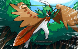 Rule 34 | absurdres, arrow (projectile), bird, blue sky, bow (weapon), commentary, decidueye, deviantart username, emphasis lines, english commentary, flying, gen 7 pokemon, grass, harlequinwaffles, highres, holding, holding arrow, holding bow (weapon), holding weapon, mixed-language commentary, motion lines, nintendo, no humans, outdoors, owl, pokemon, pokemon (creature), pokemon focus, signature, sky, solo, spanish commentary, speed lines, spread wings, talons, tree, watermark, weapon, web address, wings