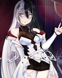 Rule 34 | 1girl, black hair, breasts, closed mouth, commentary, cosplay, detached sleeves, dress, elizabeth rose bloodflame, elizabeth rose bloodflame (1st costume), elizabeth rose bloodflame (cosplay), english commentary, hair between eyes, highres, hololive, hololive english, leizu02, long hair, medium breasts, multicolored hair, shiori novella, smile, solo, split-color hair, two-tone hair, v, very long hair, virtual youtuber, white dress, white hair, yellow eyes