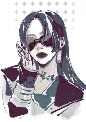 Rule 34 | 1girl, aespa, closed mouth, commentary, earrings, fingernails, greyscale, highres, jewelry, k-pop, karina (aespa), long fingernails, mole, monochrome, real life, sidelocks, solo, sunglasses, symbol-only commentary, upper body, yuanwei shaoya