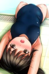 Rule 34 | 1girl, arms up, black hair, blue one-piece swimsuit, blue school swimsuit, blush, breasts, brown eyes, highres, long hair, looking at viewer, lying, matsunaga kouyou, medium breasts, one-piece swimsuit, open mouth, original, pool, poolside, school swimsuit, smile, swimsuit, water