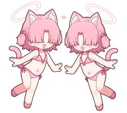 2girls :3 animal_ear_fluff animal_ears bikini blue_archive cat_ears cat_girl cat_tail chlorella_observation_club_member_(blue_archive) chlorella_observation_club_member_(swimsuit)_(blue_archive) choker collarbone commentary_request extra_ears faceless faceless_female facing_viewer flat_chest front-tie_bikini_top front-tie_top full_body hair_bobbles hair_ornament hair_over_eyes halo heart highres multiple_girls naga_u navel official_alternate_costume open_mouth parted_bangs pink_bikini pink_hair pink_halo pink_sandals revision sandals side-tie_bikini_bottom simple_background smile striped_bikini striped_clothes swimsuit tail two_side_up white_background white_choker