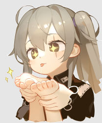 1girl absurdres aged_down ahoge barefoot brown_hair child feet foot_worship girls&#039;_frontline highres licking licking_foot long_hair official_alternate_costume one_side_up scar scar_across_eye scar_on_face soles solo_focus sparkle sparkling_eyes tianliang_duohe_fangdongye toenails toes tongue tongue_out ump45_(agent_lop_rabbit)_(girls&#039;_frontline) ump45_(girls&#039;_frontline)