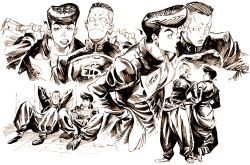 2boys arms_behind_head bag commentary diamond_wa_kudakenai english_commentary gakuran greyscale higashikata_josuke holding holding_bag jojo_no_kimyou_na_bouken kotteri male_focus monochrome multiple_boys multiple_views nijimura_okuyasu pompadour scar scar_on_face school_uniform sitting undercut