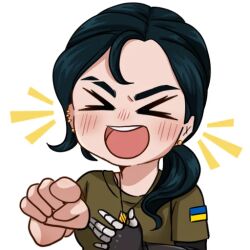 &gt;_&lt; 1girl 3rd_assault_brigade azov_battalion black_hair blush border breasts brown_shirt earrings green_shirt hair_over_shoulder hand_on_own_chest hanna_kovalchuk jewelry korzynka_persykiv laughing long_hair mechanical_arms necklace non-web_source open_mouth original pointing pointing_at_viewer ponytail prosthesis prosthetic_arm russo-ukrainian_war shirt short_sleeves single_mechanical_arm small_breasts smile soldier solo tongue transparent_background ukraine ukrainian_ground_forces white_border wolfsangel
