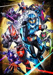 +_+ 2girls 5boys absurdres alchemisdriver animal_ears animal_hands antennae armor asymmetrical_armor axe beat_axe beat_buckle belt black_bodysuit black_border black_footwear black_gloves blue_armor bodysuit bolt_(hardware) boost_buckle boost_mark_ix_buckle boots border buffalo bull cape cat_ears chainsaw claw_(weapon) clenched_hand clenched_hands compound_eyes dashing desire_driver rider_belt dual_wielding electric_guitar fighting_stance fox_ears fox_mask full_body gears geats_buster_qb9 gibson_flying_v gloves glowing glowing_eyes goggles goggles_on_head gotcha_driver gradient_background green_armor green_background guitar gun gunblade headset helmet highres holding holding_gun holding_instrument holding_sword holding_weapon horns instrument jewelry kamen_rider kamen_rider_buffa kamen_rider_geats kamen_rider_geats_(series) kamen_rider_geats_ix kamen_rider_gotchard kamen_rider_gotchard_(series) kamen_rider_majade kamen_rider_na-go kamen_rider_tycoon keytar kitsune leg_armor leg_up long_hair looking_at_viewer magnum_boost magnum_buckle magnum_shooter_40x mask masukudo_(hamamoto_hikaru) microphone multiple_boys multiple_girls music ninja ninja_buckle ninja_dueler open_hands orange_armor orange_eyes outstretched_arms pants playing_instrument purple_armor purple_background purple_hair raccoon_ears raise_buckle red_armor red_background red_eyes reiwa reverse_grip rider_belt ring running scarf shoulder_spikes spikes spread_legs steam_hopper sununicorn sword tanuki tokusatsu unicorn valvarad valvarusher walking weapon wheel white_armor white_cape white_eyes white_gloves white_pants white_scarf wind wrench yellow_eyes zombie_breaker zombie_buckle