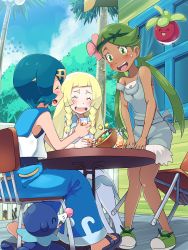 3girls baggy_pants blonde_hair blue_hair blue_sailor_collar blush boris_(noborhys) bounsweet braid capri_pants creatures_(company) dark-skinned_female dark_skin flower game_freak gen_7_pokemon green_eyes green_hair hair_flower hair_ornament hairband highres lana_(pokemon) lillie_(pokemon) litten long_hair mallow_(pokemon) multiple_girls nintendo no_headwear one-piece_swimsuit open_mouth pants pokemon pokemon_(creature) pokemon_sm popplio sailor_collar sandals short_hair sleeveless smile swimsuit swimsuit_under_clothes trial_captain twin_braids twintails