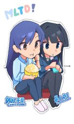 2girls artist_name black_footwear black_hair blue_cardigan blue_eyes blue_hair blue_shirt brown_eyes cardigan ch2haya_p character_name chewing chibi closed_mouth collared_shirt cup dress_shirt drinking eating food full_body highres holding holding_cup holding_food idolmaster idolmaster_million_live! idolmaster_million_live!_theater_days kisaragi_chihaya long_hair long_sleeves mogami_shizuka multiple_girls outline pants pantyhose pink_shoes pinstripe_pattern pinstripe_shirt popcorn shirt shoes simple_background sitting skirt white_background white_outline