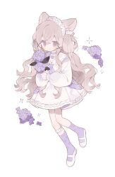 1girl animal_ears blush bow brown_hair cat_ears dress flower frills full_body hair_between_eyes hair_ornament highres holding long_hair long_sleeves looking_at_viewer memuro original purple_eyes purple_flower purple_socks shoes socks solo twitter_username white_background