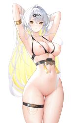 1girl absurdres alternate_costume armlet armpits arms_behind_head bikini bikini_top_only blhazx blonde_hair blush bottomless breasts chinese_commentary cleavage cleft_of_venus collarbone colored_inner_hair commentary_request cowboy_shot cupless_bikini groin hair_intakes hair_ornament highres jewelry large_breasts long_hair looking_at_viewer mismatched_bikini multicolored_hair navel parted_lips presenting_armpit pussy simple_background skindentation solo stomach swimsuit thigh_gap thigh_strap thighs very_long_hair wet white_background white_hair yellow_eyes yixuan_(zenless_zone_zero) zenless_zone_zero