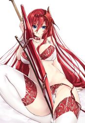 1girl 218 bare_shoulders blue_eyes breasts choker cleavage female_focus godsworn_alexiel granblue_fantasy hair_between_eyes hair_ornament large_breasts long_hair looking_at_viewer red_hair solo thighhighs very_long_hair weapon