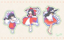 1girl barefoot black_hair blue_eyes blush_stickers bow detached_sleeves gohei hair_bow hair_tubes hakurei_reimu highres holding holding_gohei multiple_views nontraditional_miko pants pink_hair red_pants touhou yuzuhamaru