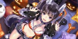 Rule 34 | 1girl, :d, animal ear fluff, animal ears, azumi nanaka, balloon, belt, bikini, black belt, black boots, black gloves, black hair, black jacket, blue reflection (series), blue reflection sun, boots, breasts, chain, chain leash, claw pose, cleavage, collar, dark room, dutch angle, fur-trimmed bikini, fur-trimmed gloves, fur trim, game cg, gloves, grey eyes, halloween, halloween costume, hands up, highres, indoors, jack-o&#039;-lantern, jacket, kemonomimi mode, kishida mel, kneeling, leash, leather, leather jacket, long hair, looking at viewer, medium breasts, navel, non-web source, o-ring, o-ring belt, official art, open clothes, open jacket, open mouth, orange bikini, partially fingerless gloves, sidelocks, smile, solo, spiked belt, spiked boots, spiked collar, spikes, swept bangs, swimsuit, tail, twintails, wolf ears, wolf tail