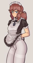 1girl a_hat_in_time apron bad_id bad_twitter_id black_choker black_necktie black_shirt blue_eyes blush brown_hair buttoned_cuffs buttons choker closed_mouth frilled_hairband frills fujimna hairband hand_under_clothes hat_kid highres looking_at_viewer maid maid_apron maid_headdress medium_hair necktie pantyhose shirt short_necktie short_sleeves simple_background smile solo white_apron white_pantyhose wrist_cuffs