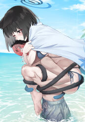 1boy 1girl ;o absurdres animal_ears barefoot bikini black_hair blue_archive blue_bikini blush carrying cat_ears cat_tail commentary_request doodle_sensei_(blue_archive) halo haori hetero highres hug hug_from_behind japanese_clothes kikyou_(blue_archive) kikyou_(swimsuit)_(blue_archive) multiple_tails official_alternate_costume one_eye_closed outdoors piggyback pizza_(pizzania_company) sensei_(blue_archive) side-tie_bikini_bottom strangling string_bikini sweatdrop swimsuit tail tail_wrap topless_male twitter_username watermark x_eye