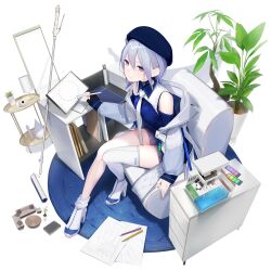 1girl artist_request beret black_hat carpet chair color_guide diorama drawing_tablet from_above game_cg girls&#039;_frontline girls&#039;_frontline_neural_cloud grey_hair hat highres holding holding_stylus horizon_(neural_cloud) jacket mirror necktie off_shoulder official_art pencil plant potted_plant sitting solo stylus table third-party_source transparent_background white_jacket white_necktie