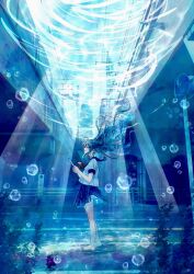 1girl absurdres air_bubble barefoot black_sailor_collar black_skirt bubble highres holding kumagaya_nono long_hair neckerchief original red_neckerchief sailor_collar school_uniform serafuku shirt skirt solo underwater white_shirt