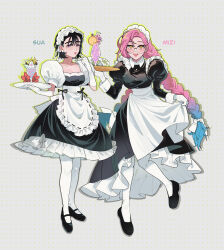 2girls :o absurdres alien_stage apron black_dress black_hair black_shoes blue_hair braid chinese_commentary commentary_request dress drinking_straw elbow_gloves flower food frilled_apron frills full_body glasses gloves gradient_hair hair_ribbon headdress highres holding holding_tray juliet_sleeves lily_(flower) long_dress long_hair long_sleeves maid maid_headdress mary_janes mizi_(alien_stage) multicolored_hair multiple_girls official_alternate_costume open_mouth pantyhose parfait partial_commentary pink_hair puffy_short_sleeves puffy_sleeves purple_eyes red_flower ribbon round_eyewear shoes short_hair short_sleeves skirt_hold sua_(alien_stage) tray tuxiaoning_not twin_braids two-tone_hair very_long_hair white_apron white_flower white_gloves white_lily white_pantyhose white_ribbon yellow_eyes