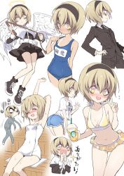 1girl angel_wings armpits ass bags_under_eyes bikini blonde_hair blue_one-piece_swimsuit breasts commentary_request dolphin_shorts formal_clothes hairband holding holding_whip jashin-chan_dropkick looking_at_viewer multiple_views naked_towel one-piece_swimsuit onsen pekora_(jashin-chan_dropkick) school_swimsuit short_hair short_shorts shorts small_breasts suit swimsuit tan tanline towel v wings yellow_eyes yukiwo