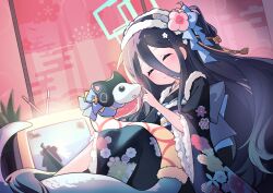 2025 absurdres aris_(blue_archive) blue_archive blush closed_eyes game_development_department_(blue_archive) hair_ornament highres kurana_(atlas) smile stuffed_toy television