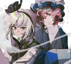 2girls black_bow black_bowtie blue_kimono bow bowtie expressionless green_eyes green_vest hair_between_eyes hairband hand_on_own_chin hat highres japanese_clothes kimono konpaku_youmu long_sleeves medium_hair multiple_girls one_eye_closed pink_eyes pink_hair puffy_sleeves saigyouji_yuyuko shirt touhou upper_body vest wavy_hair white_background white_hair white_shirt xian_qishui