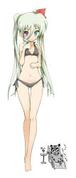 10s 1girl ahoge asteion barefoot bikini blue_eyes breasts einhard_stratos female_focus flat_chest full_body green_hair heterochromia highres loli long_hair lyrical_nanoha mahou_shoujo_lyrical_nanoha_vivid nac000 navel purple_eyes ribbon side-tie_bikini_bottom simple_background small_breasts solo swimsuit twintails white_background