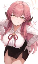 1girl absurdres aru_(blue_archive) black_skirt blue_archive blush breasts commentary demon_horns gabang gloves halo hand_on_own_hip highres horns large_breasts long_hair looking_at_viewer neck_ribbon open_collar pink_hair red_ribbon ribbon shirt simple_background skirt smile solo sparkle straight_hair thighs very_long_hair white_background white_gloves white_shirt yellow_eyes