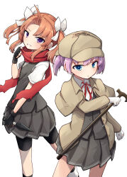 2girls back-to-back bike_shorts black_gloves blue_eyes brown_capelet brown_coat brown_hair brown_headwear newsboy_cap cane capelet coat commentary_request cowboy_shot deerstalker feet_out_of_frame fingerless_gloves gloves grey_skirt grey_vest hat kagerou_(kancolle) kagerou_kai_ni_(kancolle) kakizaki_(chou_neji) kantai_collection kunai long_hair multiple_girls ninja pink_hair purple_eyes red_scarf ribbon scarf shiranui_(kancolle) short_hair shorts shorts_under_skirt simple_background skirt trench_coat twintails upper_body vest weapon white_background white_gloves white_ribbon
