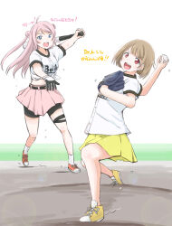 2girls :d ahoge ball baseball baseball_(object) baseball_bat baseball_glove baseball_uniform belt black_belt black_gloves black_shorts blue_eyes blush bob_cut brown_hair full_body gloves hand_up hands_up highres holding holding_ball holding_baseball_bat long_hair looking_at_viewer love_live! love_live!_nijigasaki_high_school_idol_club maruyo metal_baseball_bat midriff mole mole_under_eye multiple_girls nakasu_kasumi nippon_professional_baseball no_socks open_hand open_mouth orange_shoes orix_buffaloes pink_hair pink_skirt pitching pitching_mound playing_sports pleated_skirt red_eyes shirt shoes short_hair short_sleeves shorts sidelocks skirt smile sneakers socks sportswear swinging_baseball_bat teeth thigh_strap tied_shirt two_side_up upper_teeth_only v-shaped_eyebrows white_background white_shirt white_socks yellow_shoes yellow_skirt zhong_lanzhu
