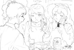 3girls aikatsu! aikatsu!_(series) bad_id bad_twitter_id closed_eyes cup greyscale hand_on_own_cheek hand_on_own_face highres hoshimiya_ichigo inactive_account kiriya_aoi long_hair long_sleeves monochrome multiple_girls open_mouth shibuki_ran side_ponytail smile suiso_(owp) upper_body