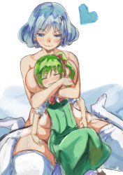 2girls arms_around_neck belly blue_eyes blue_hair bottomless breast_pillow breasts closed_eyes daiyousei frilled_sleeves frills green_hair green_shirt green_skirt heart hug large_breasts letty_whiterock multiple_girls shirt short_hair side_ponytail sitting size_difference skirt thick_thighs thighhighs thighs topless_female touhou white_thighhighs wings yohane yuri