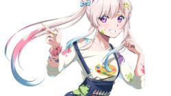 Rule 34 | absurdres, airani iofifteen, airani iofifteen (1st costume), blue bow, blue nails, blue overalls, bow, hair bow, highres, hololive, hololive indonesia, kuroyuki-mitsuki, looking at viewer, multicolored nails, nail polish, overalls, paint on body, palette hair ornament, pink hair, purple eyes, shirt, smile, solo, transparent background, virtual youtuber, white shirt, yellow nails