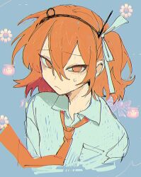 1girl a.i._voice adachi_rei alternate_costume bags_under_eyes bee blue_background blue_ribbon blue_shirt bug closed_mouth collared_shirt cropped_torso flower_symbol frown hair_between_eyes hair_ribbon hairband half-closed_eyes highres honeypot insect looking_at_viewer medium_hair necktie nervous one_side_up orange_eyes orange_hair orange_necktie recurring_image ribbon ringed_eyes shirt simple_background small_sweatdrop solo utau uten3kai
