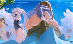4girls absurdres ahoge arms_behind_head arms_up ass ass_focus bikini bikini_bottom_only black_bikini black_hair blue_archive blue_halo blue_hoodie blue_one-piece_swimsuit blue_sky bow box braid branch breasts brown_hair bucket_hat casual_one-piece_swimsuit cloud commentary covered_navel crop_top crop_top_overhang cropped_hoodie cumulonimbus_cloud day facing_away frilled_one-piece_swimsuit frills from_below green_halo grey_eyes grey_hair grey_halo halo hands_up hat hat_on_back highres hood hoodie huge_breasts innertube jacket large_breasts leaf leaf_on_head leaf_print long_hair long_sleeves looking_at_viewer miyako_(blue_archive) miyako_(swimsuit)_(blue_archive) miyu_(blue_archive) miyu_(swimsuit)_(blue_archive) moe_(blue_archive) moe_(swimsuit)_(blue_archive) mouth_hold multicolored_jacket multiple_girls nike_(nike1060) ocean off-shoulder_one-piece_swimsuit off_shoulder official_alternate_costume on_box one-piece_swimsuit open_mouth outdoors ponytail print_bikini purple_eyes rabbit_platoon_(blue_archive) raglan_sleeves rash_guard red_eyes saki_(blue_archive) saki_(swimsuit)_(blue_archive) short_hair sidelocks sitting sitting_on_box sky small_breasts standing stick_grenade stomach straw_hat swim_ring swimsuit thighs thong_bikini tree twintails two-tone_jacket underboob very_long_hair wading water waves white_bikini white_hair white_innertube yellow_halo