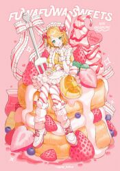 1girl alternate_costume apron blonde_hair blueberry boots bow cake character_name dress food food-themed_clothes fork frilled_dress frills fruit full_body green_eyes hair_ornament hairclip highres kagamine_rin looking_at_viewer maid_headdress medium_hair nana_tetra pantyhose pink_background pink_bow simple_background sitting smile solo strawberry strawberry_shortcake striped_clothes striped_pantyhose tongue tongue_out vocaloid whipped_cream white_apron white_boots wrist_cuffs yellow_dress