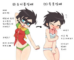1girl batman_(series) batrobin_k blue_eyes blush breasts brown_hair cape chinese_clothes dc_comics domino_mask dual_persona fang genderswap genderswap_(mtf) highres korean_text mask navel panties revision robin_(batrobin_k) robin_(dc) short_hair simple_background small_breasts translation_request underwear white_background