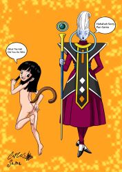 1boy 1girl absurdres ass barefoot black_hair cleft_of_venus completely_nude dragon_ball dragon_ball_gt dragon_ball_super earclip english_text feet flat_chest from_behind full_body highres holding holding_staff loli monkey_tail nipples nude pan_(dragon_ball) pussy soles solidcharles speech_bubble staff tail toes whis white_hair