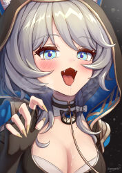 1girl absurdres animal_ear_fluff animal_ears animal_hood black_gloves blue_eyes breasts cat_ears cat_girl cat_hood cipher_(honkai:_star_rail) cleavage commentary_request fang fingerless_gloves gloves grey_hair highres honkai:_star_rail honkai_(series) hood large_breasts leash mole mole_on_breast open_mouth short_hair_with_long_locks solo uningmeow upper_body yellow_nails
