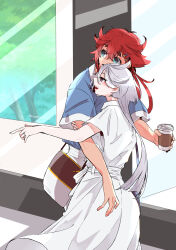 2girls bag blue_eyes blue_shirt commentary_request cup disposable_coffee_cup disposable_cup dress grey_eyes grey_hair gundam gundam_suisei_no_majo hair_ornament hairclip hand_on_another&#039;s_arm handbag highres holding holding_cup kusattatofu long_hair miorine_rembran multiple_girls open_mouth red_hair shirt smile suletta_mercury thick_eyebrows twitter_username white_dress yuri