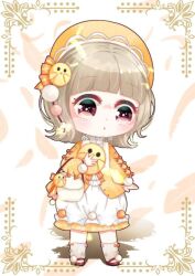 1girl :o bag bird bird_hair_ornament blonde_hair blunt_bangs bonnet bow bow_legwear bubble_skirt character_request chibi chick collared_dress dot_nose dress eyelashes feathers frilled_dress frills fur-trimmed_jacket fur_trim hair_bow hair_ornament handbag high_collar holding holding_stuffed_toy jacket kneehighs lace-trimmed_headwear lace_trim light_blush long_sleeves looking_ahead mary_janes medium_dress medium_hair miracle_nikki muxi_jiang nikki_(series) open_clothes open_jacket orange_bow orange_jacket parted_lips picture_frame pink_eyes pom_pom_(clothes) pom_pom_hair_ornament puffy_long_sleeves puffy_sleeves red_shoes shadow shoes single_stripe skirt sleeve_bow socks solo source_request standing striped_bow stuffed_animal stuffed_bird stuffed_toy tareme third-party_source watermark weibo_watermark white_background white_bag white_dress white_socks yellow_bonnet