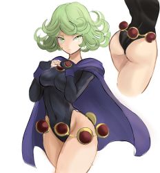 1girl :/ ass bare_legs black_leotard breasts cartoon_network closed_mouth cosplay curvy dc_comics green_eyes green_hair highleg highleg_leotard highres leotard looking_at_viewer medium_breasts multiple_views one-punch_man rakeemspoon raven_(dc) raven_(dc)_(cosplay) short_hair simple_background sleeved_leotard tatsumaki teen_titans white_background